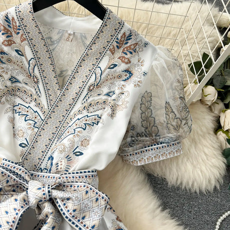 Summer Bohemian Paisley Print Long Dress Women V-Neck Short Puff Sleeve Vintage Print Bandage Lace Up Robe Vestidos Clothes 6237 - Lootquake