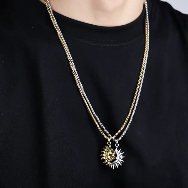 Sun And Moon Asymmetric Accessories Men's Titanium Steel Couple's High Sense Necklace - Lootquake