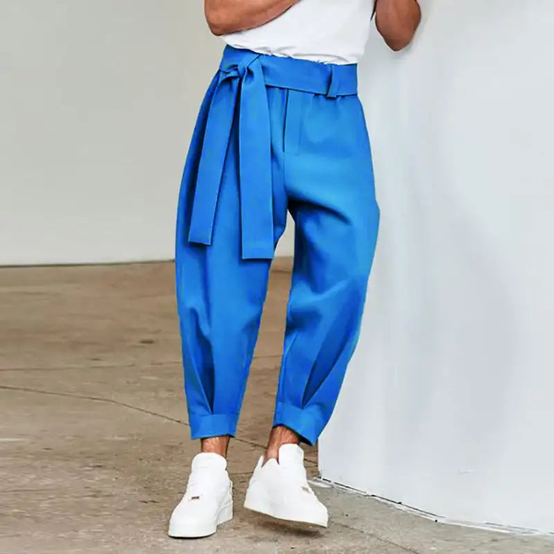 Men's Loose Solid Color Cropped Pants Belt Decoration European And American - Lootquake