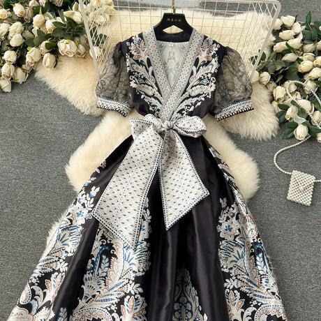 Summer Bohemian Paisley Print Long Dress Women V-Neck Short Puff Sleeve Vintage Print Bandage Lace Up Robe Vestidos Clothes 6237 - Lootquake