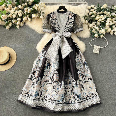 Summer Bohemian Paisley Print Long Dress Women V-Neck Short Puff Sleeve Vintage Print Bandage Lace Up Robe Vestidos Clothes 6237 - Lootquake