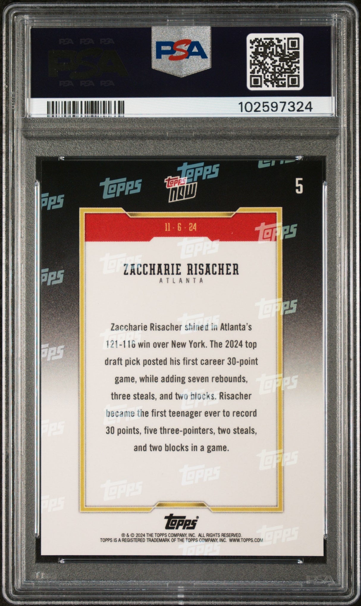Tarjeta de baloncesto RC de Zaccharie Risacher #5 Rookie, calificada en Topps Now 2024, PSA 10 Gem Mint