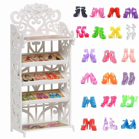 1 Doll Shoes Rack + 20 Pairs Doll Shoes Different Assorted Colors High Heel Shoes Doll Boots Flat Shoes Set Replacement for 11.5 inch Doll (Doll Rack & Shoes) - Lootquake