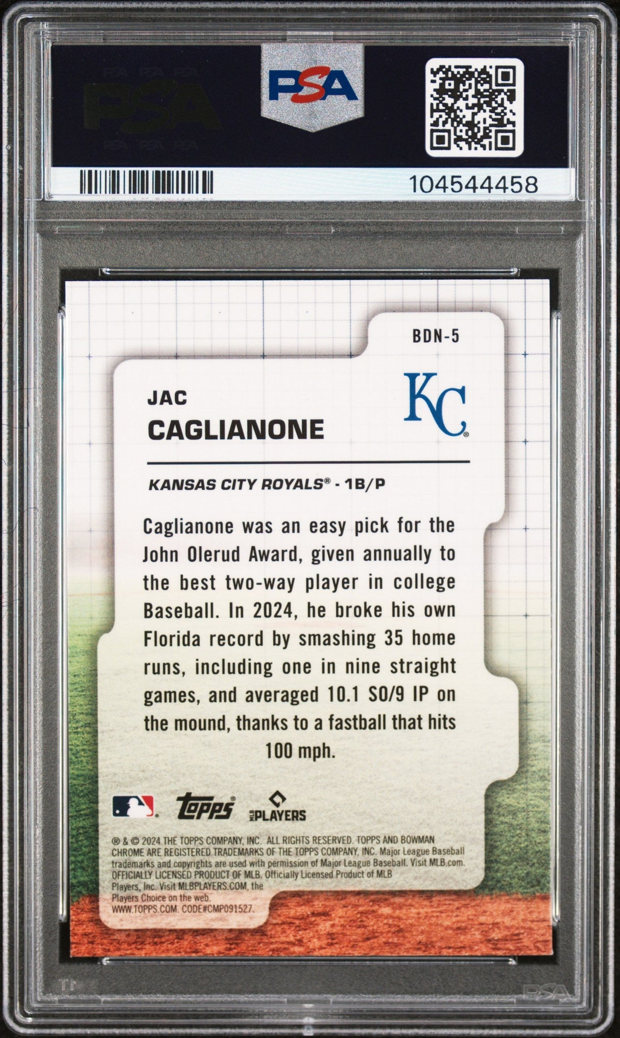 Tarjeta de béisbol RC Jac Caglianone #BDN5 Draft Night Rookie de Topps Bowman Draft 2024 PSA 9 Mint