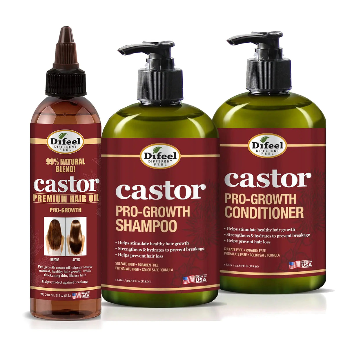 Difeel Pro-Growth Hair Care Set with Castor Oil - 3-PC Style: Shampoo & Conditioner 12oz EACH & Hair Oil 8oz