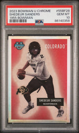Tarjeta de fútbol americano Topps Bowman U Chrome Shedeur Sanders n.° 55BF28 de 1955, con calificación 2023, para novatos de Bowman, PSA 10 Gem Mint