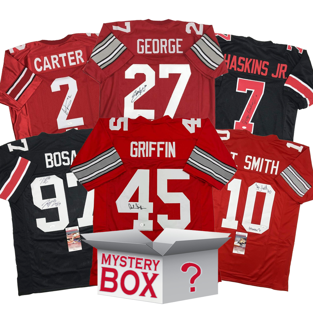 Caja misteriosa de camisetas de fútbol americano universitario de la Universidad Estatal de Ohio autografiadas y firmadas con PSA JSA o Beckett COA 