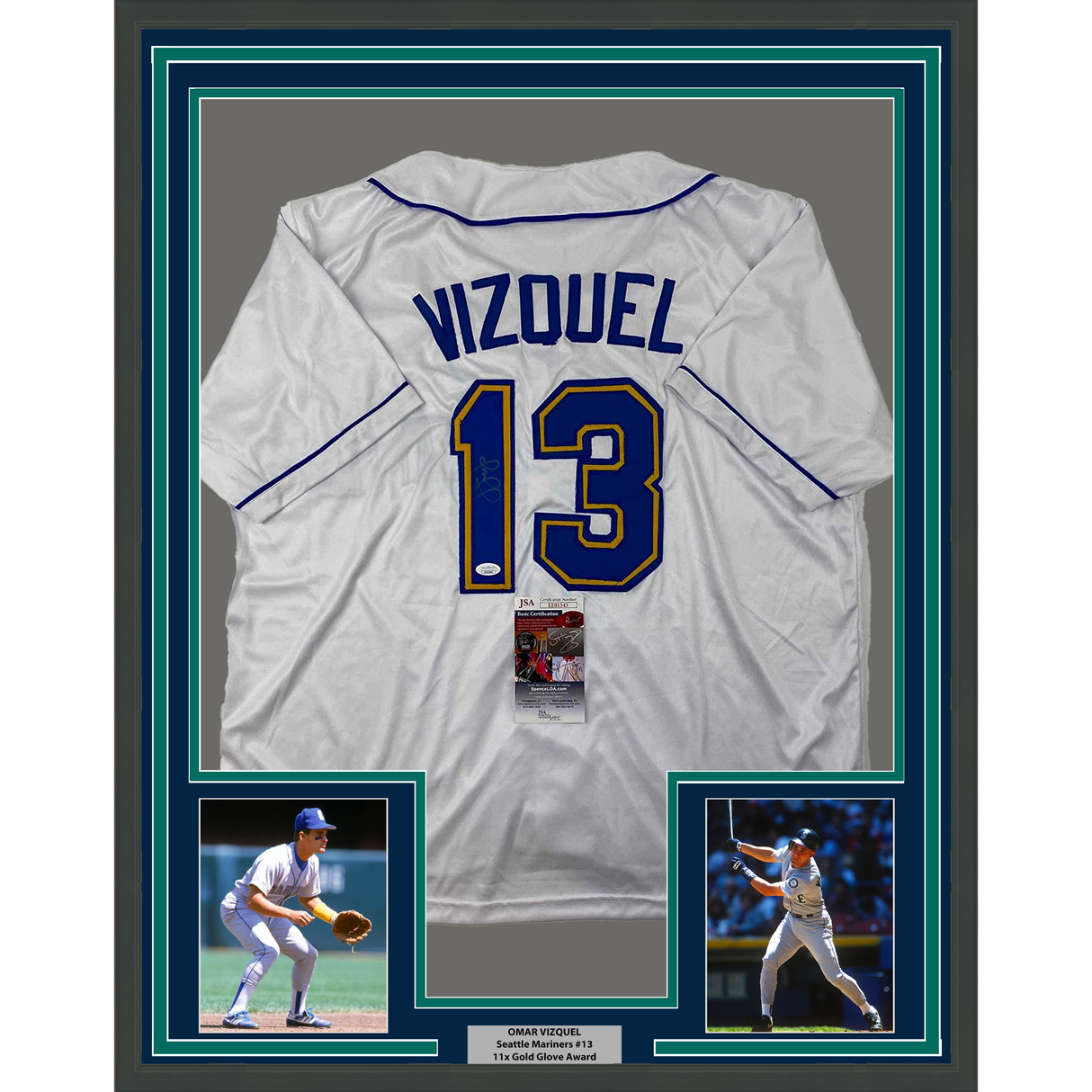 Camiseta de béisbol blanca de Seattle de 35 x 39, enmarcada y autografiada de Omar Vizquel (JSA COA)