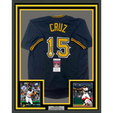 Framed Autographed/Signed Oneil Cruz 35x39 Pittsburgh Black Baseball Jersey JSA COA