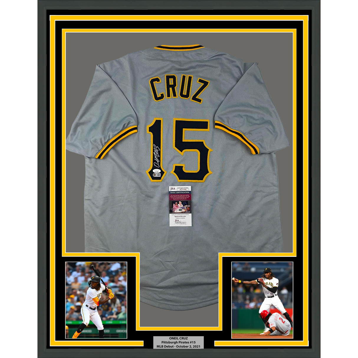 Camiseta de béisbol gris de Pittsburgh de 35 x 39, enmarcada, autografiada y firmada por Oneil Cruz, JSA COA