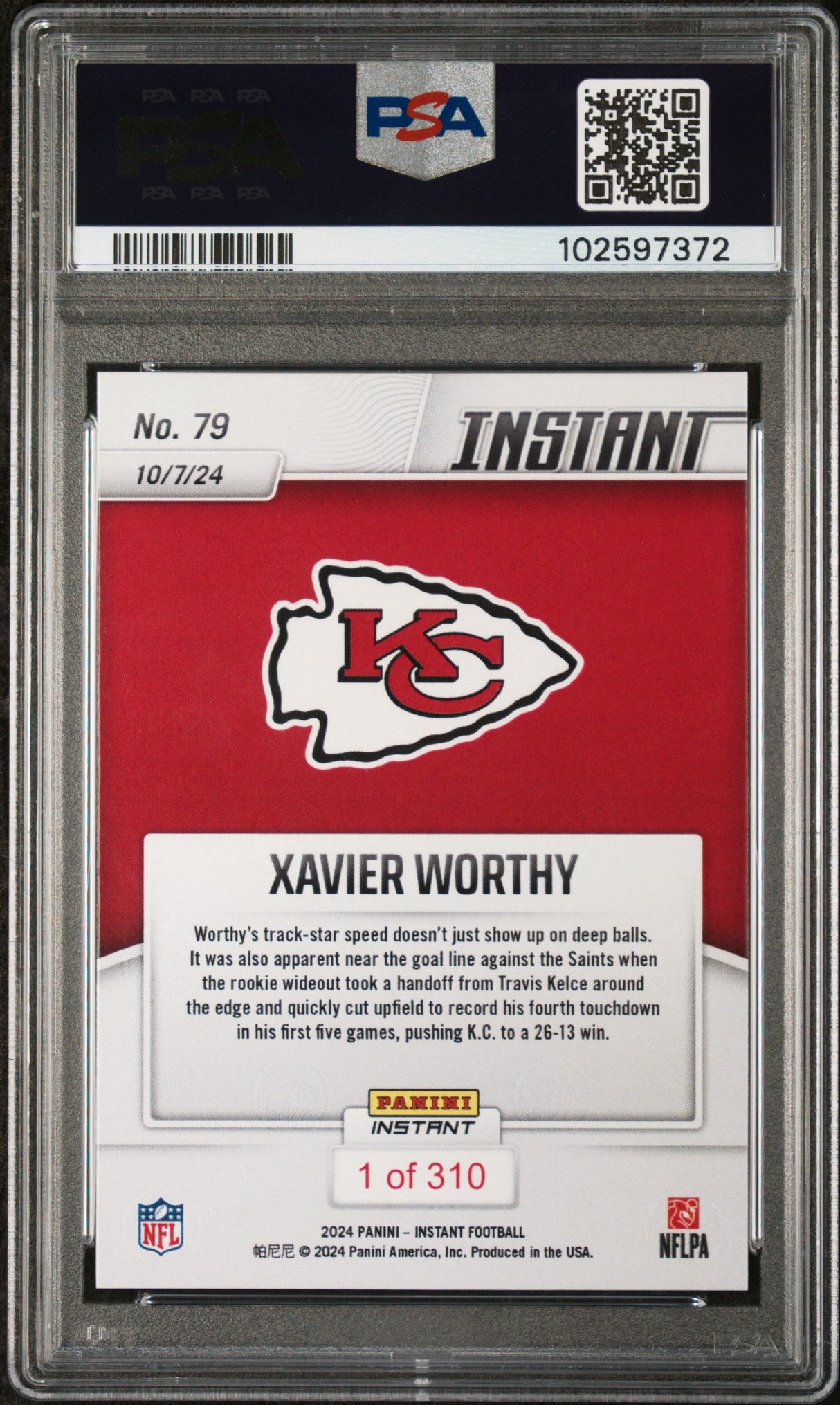 Tarjeta de fútbol americano Panini Instant NFL Xavier Worthy #79 Rookie RC de 2024, PSA 10 Gem Mint