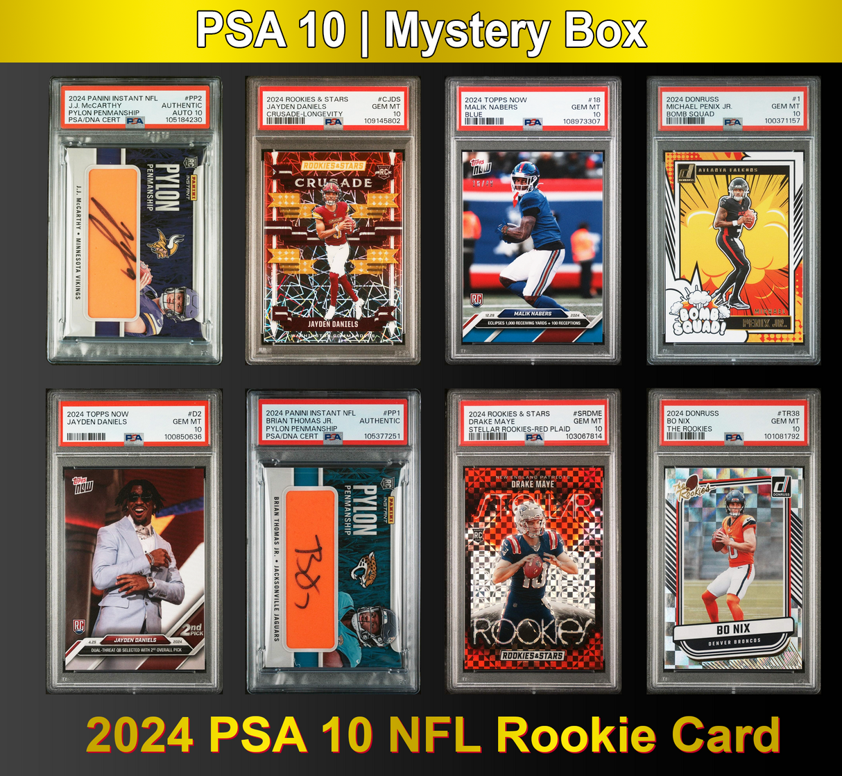 Paquete misterioso de tarjetas de novato de la NFL 2024 calificadas por PSA 10 (Daniels, Nabers, Williams y más) 