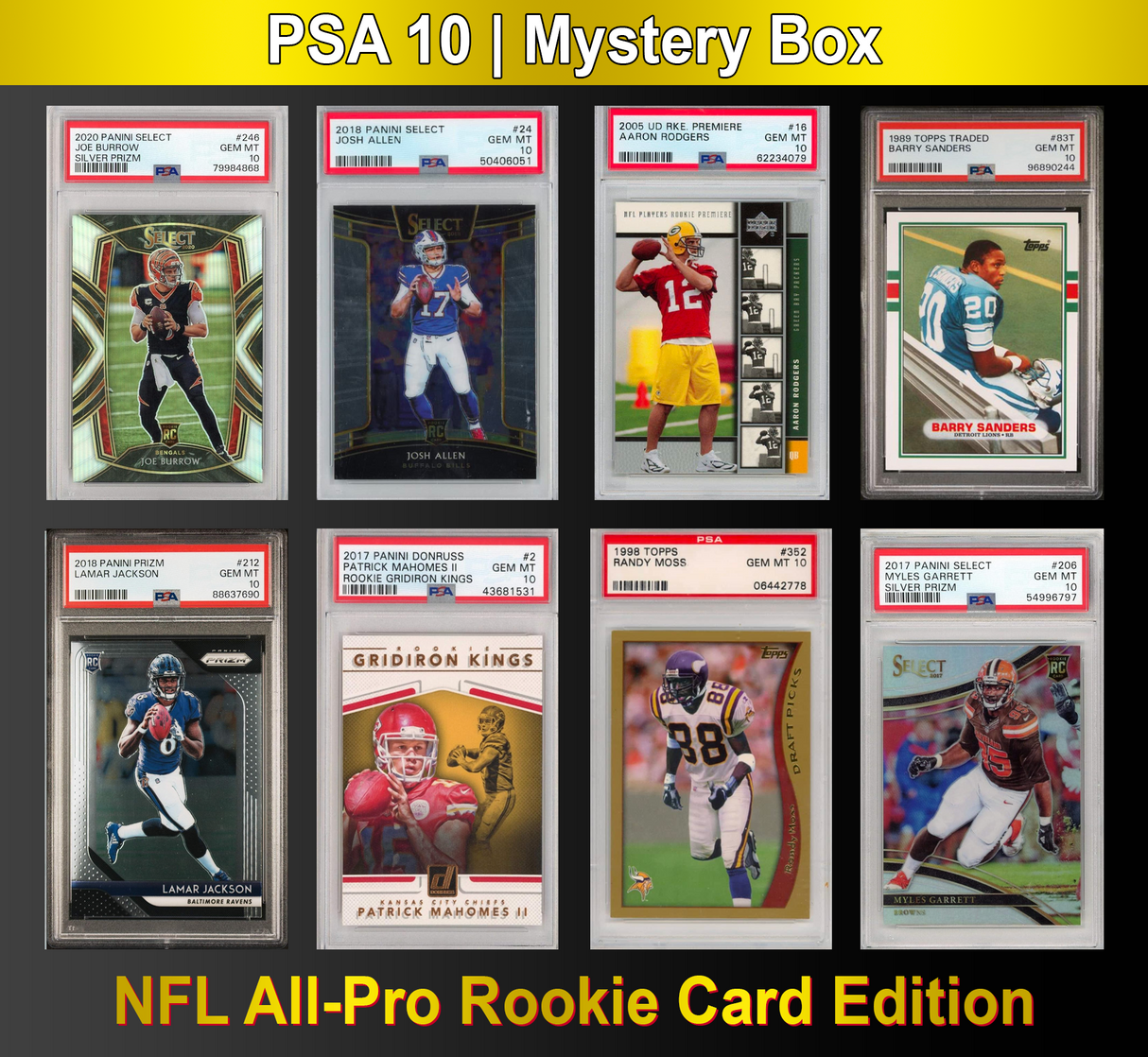 Paquete misterioso de 10 tarjetas de novato de fútbol americano All-PRO de la NFL clasificadas por PSA 