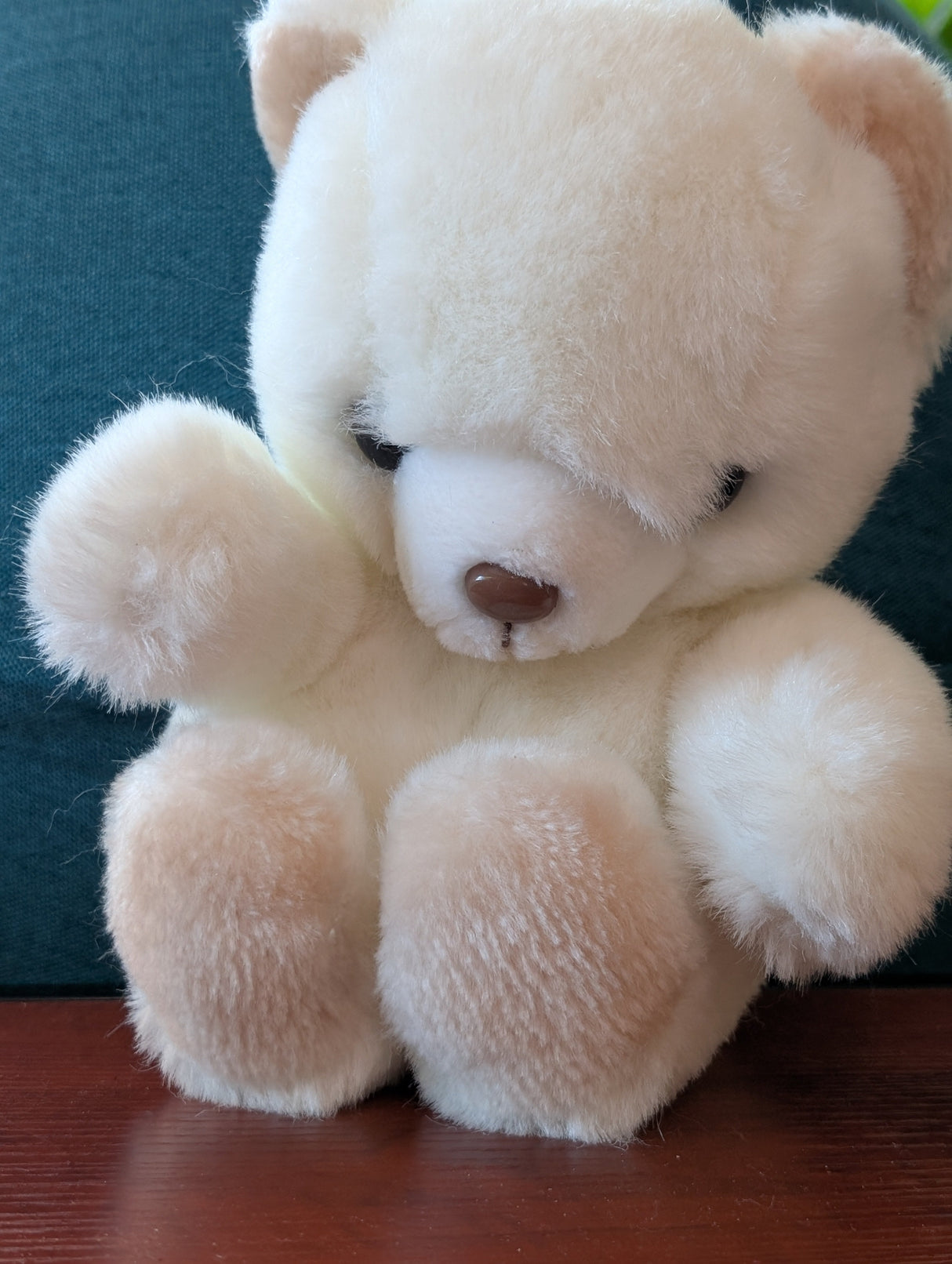 Vintage Teddy Bear Plush Sitting with Brown Plastic Nose White Body Tan Feet and Ears