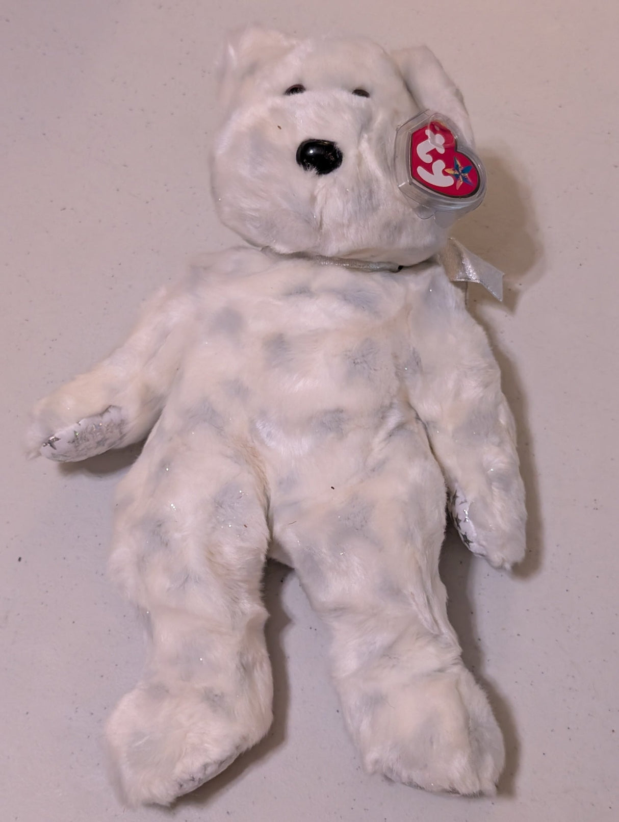 The BEGINNING BEAR Ty Beanie Buddy 14” Sparkles White w/Silver Stars (MWMT, Vintage, Retired, with Tag, VTG, Stuffed Animal, Plush, Toy)