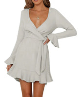 R.Vivimos Womens Winter Long Sleeve V Neck Ruffles Sweater Dresses Mini Dresses (Small LightGrey) - Lootquake