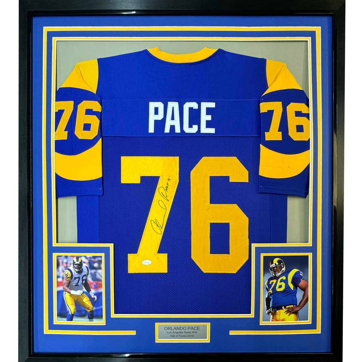 Camiseta de fútbol azul de Los Ángeles LA, enmarcada, autografiada y firmada por Orlando Pace, HOF 16, 35 x 39, JSA COA
