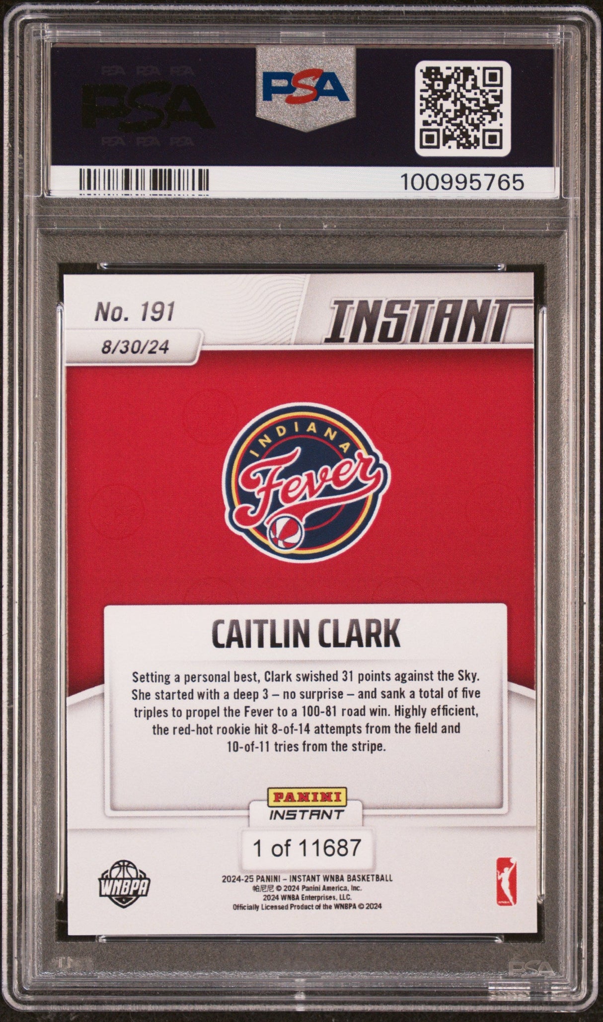 Tarjeta de baloncesto Caitlin Clark #191 Rookie RC de la WNBA Panini Instant 2024, PSA 10 Gem Mint