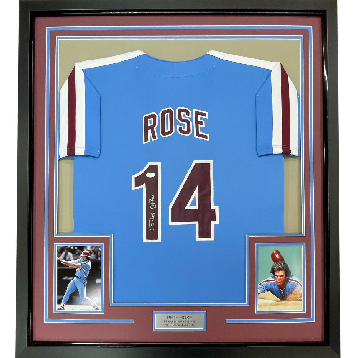 Camiseta de béisbol azul retro de Filadelfia de 35 x 39, enmarcada, autografiada y firmada por Pete Rose, JSA COA