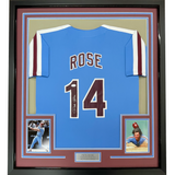 Camiseta de béisbol azul retro de Filadelfia de 35 x 39, enmarcada, autografiada y firmada por Pete Rose, JSA COA