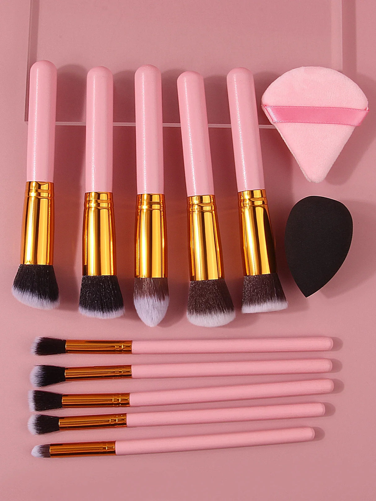 Juego de 10 brochas de maquillaje con mango de madera rosa