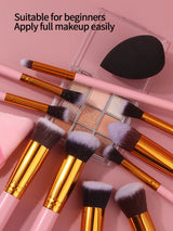 Juego de 10 brochas de maquillaje con mango de madera rosa