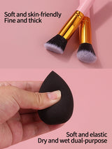 Juego de 10 brochas de maquillaje con mango de madera rosa