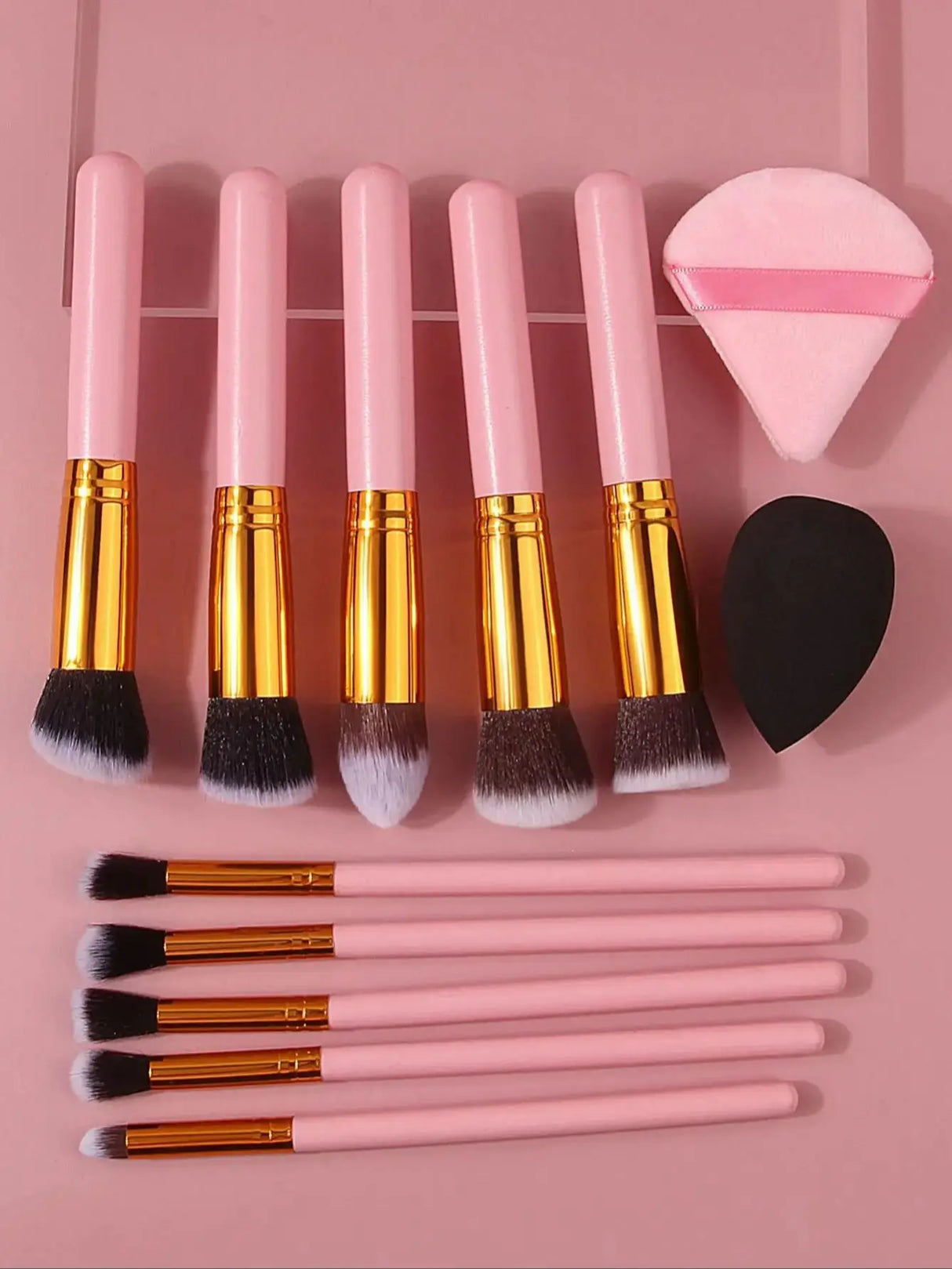 Juego de 10 brochas de maquillaje con mango de madera rosa