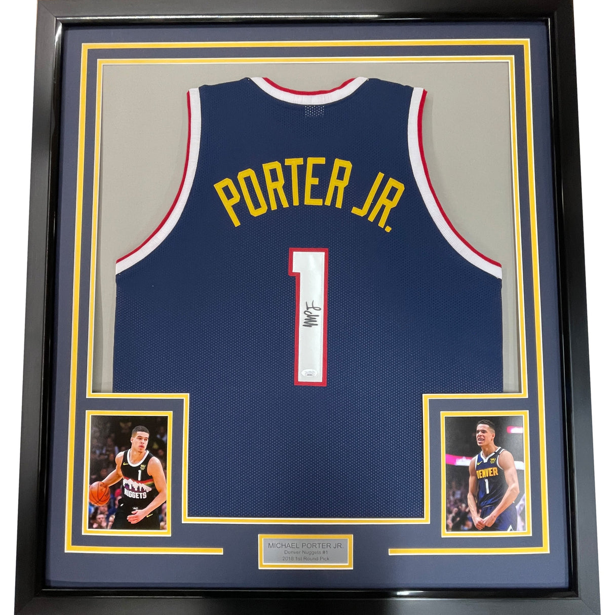 Camiseta de baloncesto azul oscuro de Denver, enmarcada, autografiada y firmada por Michael Porter Jr., 35 x 39, con certificado de autenticidad (PSA/DNA)