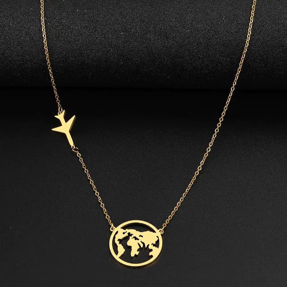 Stainless Steel Necklaces Airplane Globe Map Traveler Pendants Fashion - Lootquake