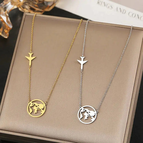 Stainless Steel Necklaces Airplane Globe Map Traveler Pendants Fashion - Lootquake