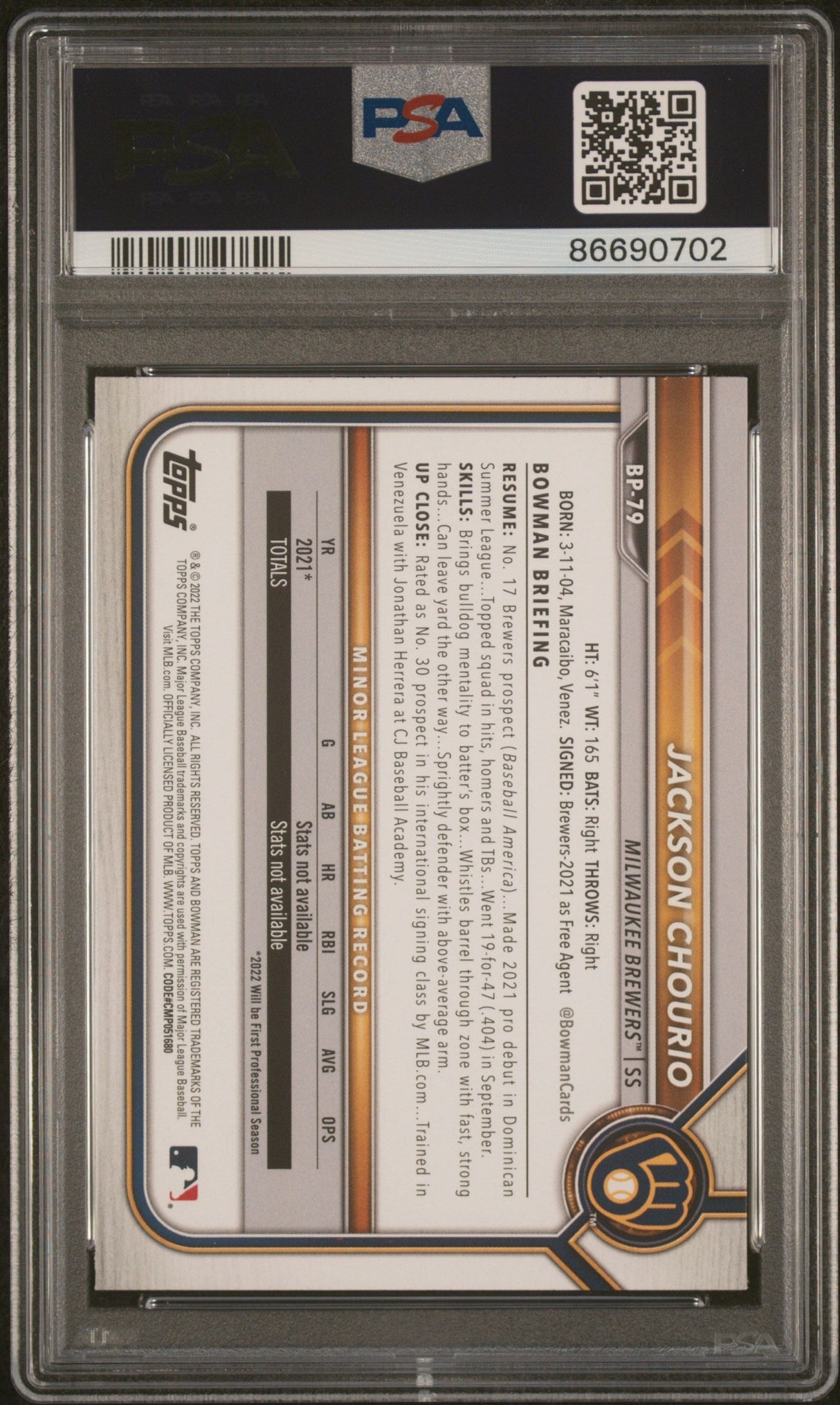 Tarjeta de béisbol Topps Bowman Jackson Chourio #BP79, calificada en 2022, para novatos, con prospectos de papel, RC, PSA 10, Gem Mint