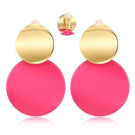 LILIE&WHITE Gold Clip On Earrings For Women Round Disc Earrings In Gold And Pink Color Geometric Earrings Clip On Dangle Earrings Statement Earrings Jewelry - Lootquake