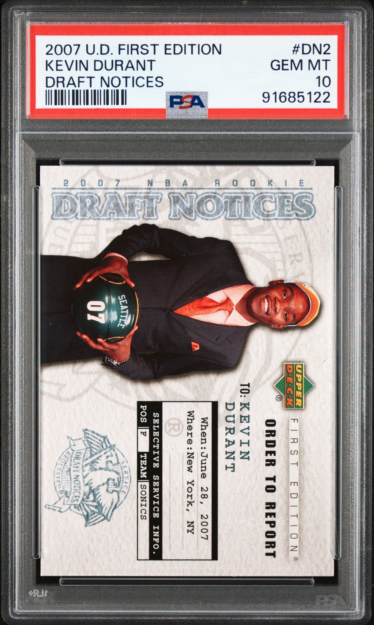 Avisos del Draft de Kevin Durant #DN2 de Upper Deck 2007, Tarjeta de baloncesto RC para novatos PSA 10 Gem Mint
