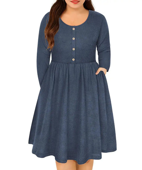 RITERA Womens Plus Size Dresses Long Sleeves Sweater Dress Crewneck Wedding Guest Dresses for Women Casual Ribbed Knit Evening Dresses Blue Knee Length Party Dresses with Pockets 3XL 22W 24W - Lootquake