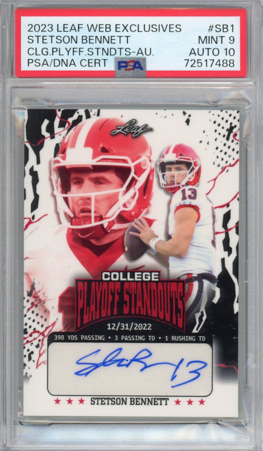 Tarjeta de fútbol americano de novato RC autografiada Stetson Bennett #SB1 #/274, calificada como destacada en los playoffs de Leaf College de 2023. PSA/DNA 9. Mint Auto Grade 10.