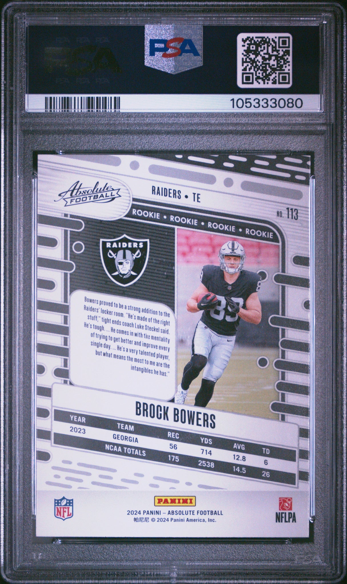 Tarjeta de fútbol Panini Absolute Brock Bowers n.° 113 Rookie RC, clasificada en 2024, PSA 10 Gem Mint