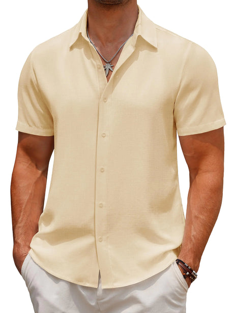 COOFANDY Mens Casual Linen Shirts Button Up Shirts Short Sleeve Shirts Beach Wedding Dress Shirts Regular Fit Shirts Beige - Lootquake