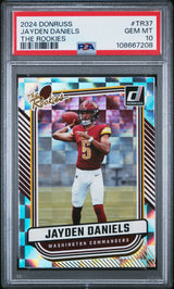 Tarjeta de fútbol RC de novato de Panini Donruss Jayden Daniels n.° TR37 de The Rookies, clasificada en 2024, PSA 10 Gem Mint