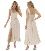 MllesReve Women Summer Graduation Dresses Tea Length Slit Ruffle Ladies Prom Dresses Smocked Dresses Birthday Party Dress L Champagne - Lootquake