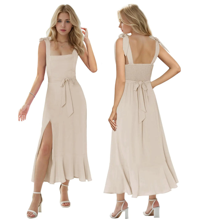 MllesReve Women Summer Graduation Dresses Tea Length Slit Ruffle Ladies Prom Dresses Smocked Dresses Birthday Party Dress L Champagne - Lootquake