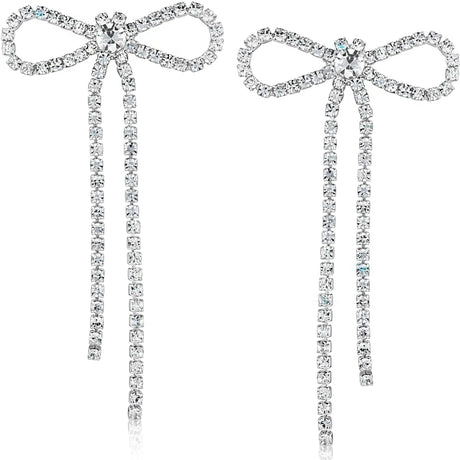 Silver Bow Earrings for Women - Long Silver Earrings for Women Silver Tone Bow Stud Earrings for Women Dangling Earrings for Women Sparkly Dangle Earrings Bow Earrings Silver Statement Earrings - Lootquake