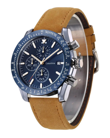 Casotime Mens Leather Watches Chronograph Analog Quartz Date Wrist Watch 30M Waterproof Big Face Casual Fashion Sport Dress Watches for Men Elegant Gift - Lootquake