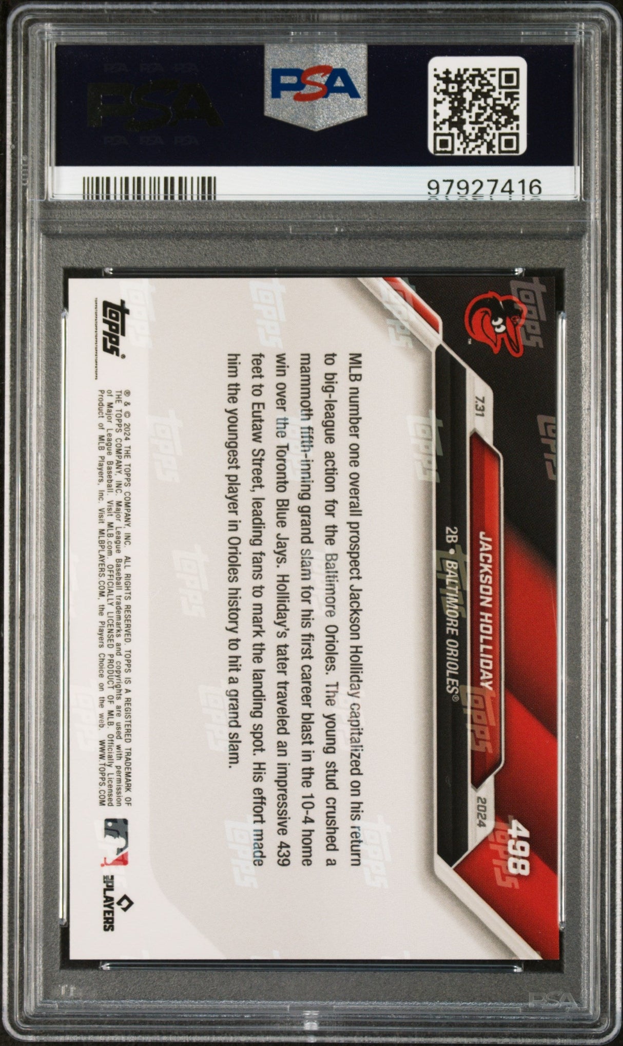 Tarjeta de béisbol de Jackson Holliday n.° 498, primer jonrón de la MLB, calificación Topps 2024, para novatos, RC, PSA 10 Gem Mint