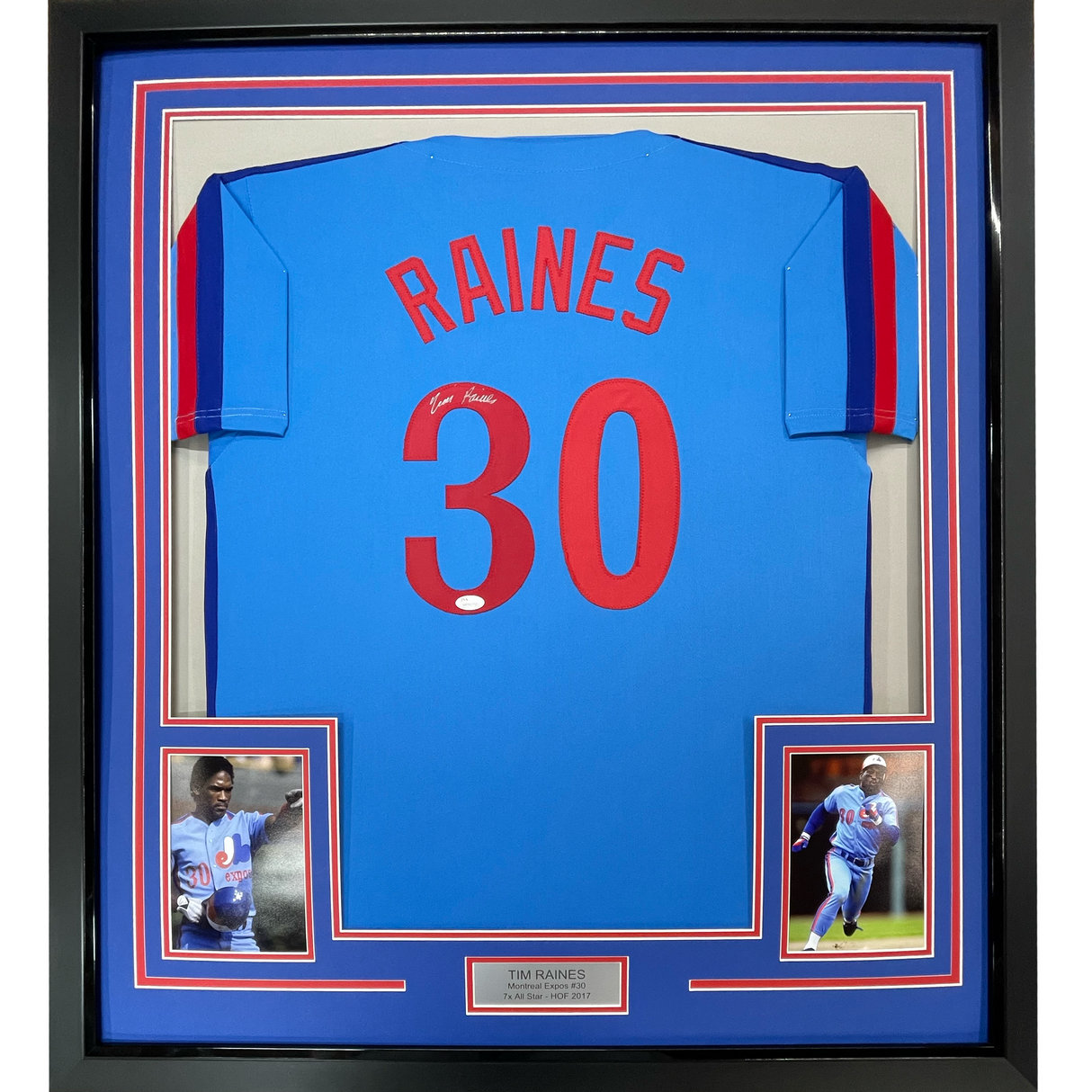 Camiseta de béisbol azul de Montreal, enmarcada, autografiada y firmada por Tim Raines, 35 x 39, JSA COA