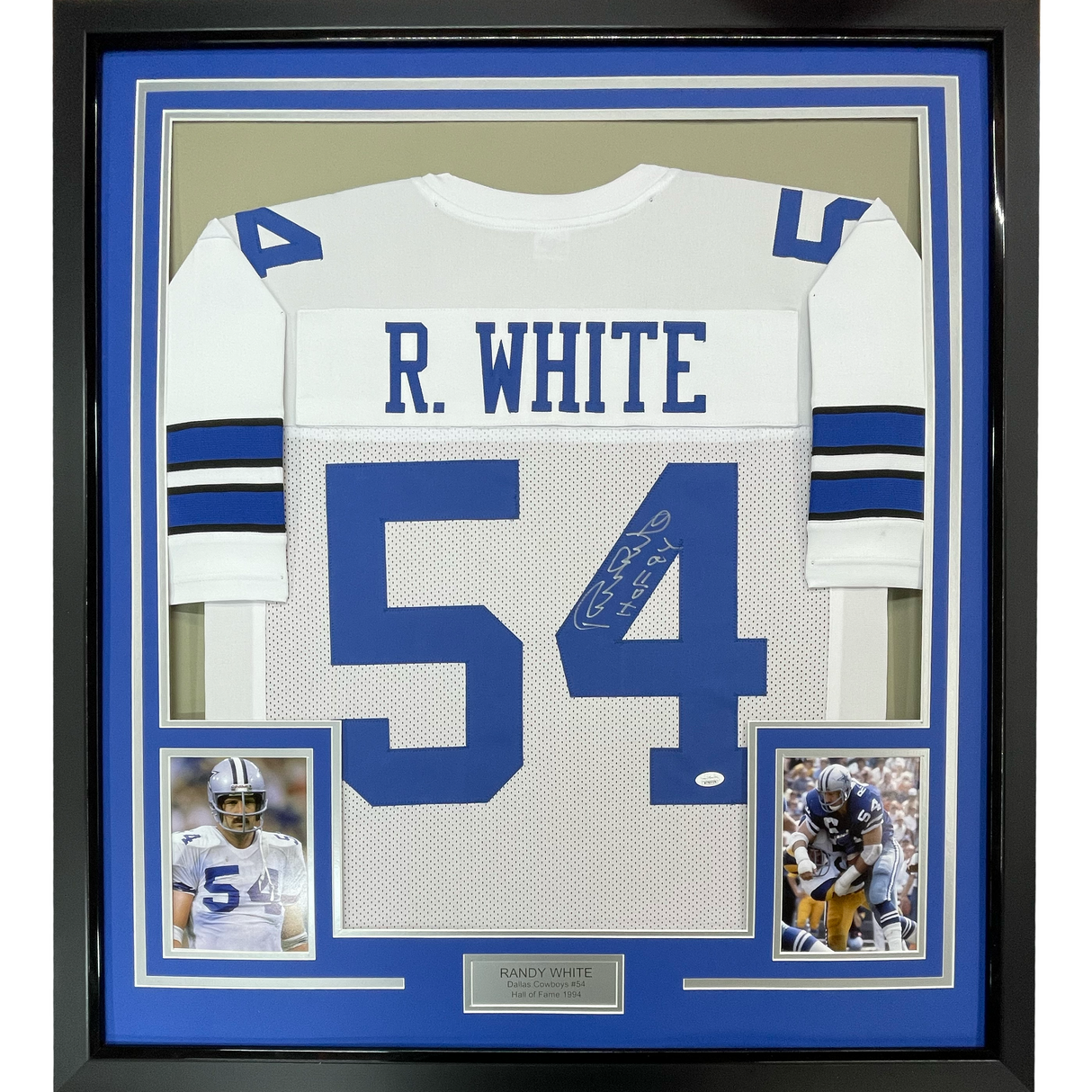 Camiseta de fútbol americano Dallas White enmarcada, autografiada y firmada por Randy White, HOF 94, 35 x 39, JSA COA