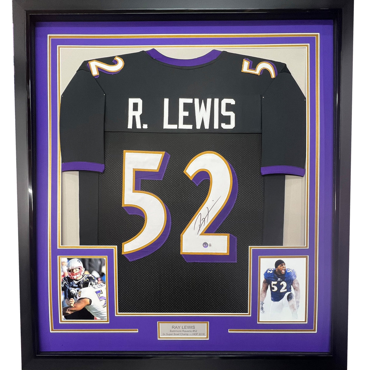 Camiseta de fútbol americano de Baltimore, negra, enmarcada, autografiada y firmada por Ray Lewis, 35 x 39, JSA COA