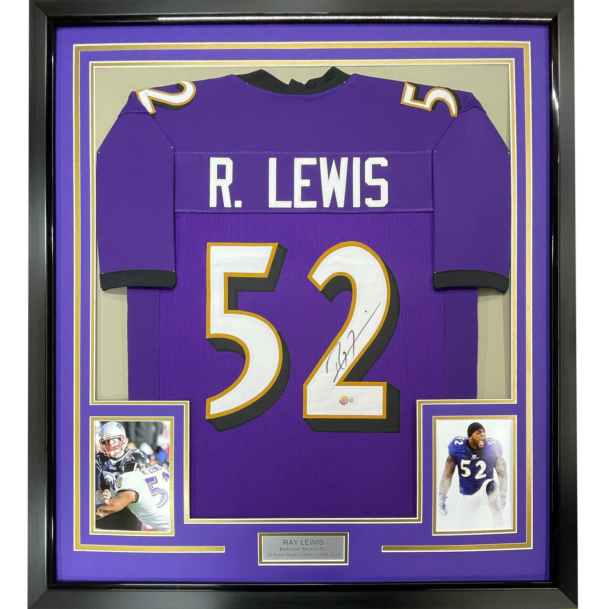 Camiseta de fútbol americano de Baltimore, morada, enmarcada, autografiada y firmada por Ray Lewis, 35 x 39, PSA/CÓDIGO DE AUTÉNTICO/ADN