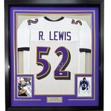 Camiseta de fútbol americano de Baltimore, blanca, enmarcada, autografiada y firmada por Ray Lewis, 35 x 39, JSA COA
