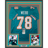 Camiseta de fútbol americano enmarcada, autografiada y firmada por Richmond Webb, 35 x 39, color verde azulado de Miami, JSA COA